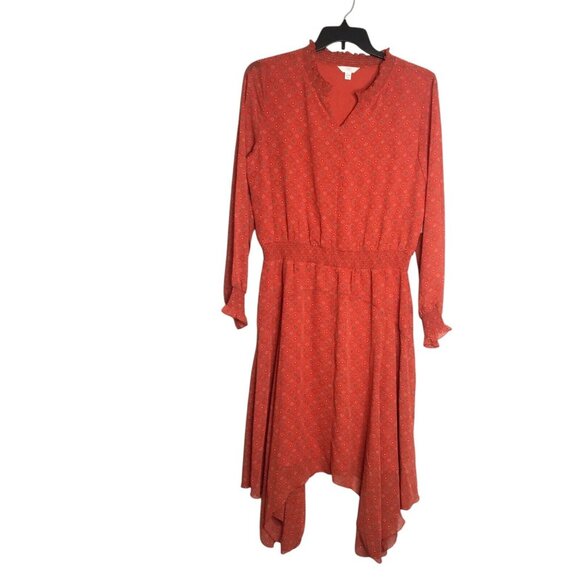 Boho Handkerchief hem Dress Women Large 12/14 red Orange print Long Sleeve - Picture 3 of 16